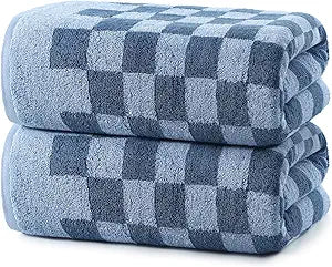 REDKISS Blue Checkered Bath Towels Set - 2 Piece Large Shower Towels for Bathroom Decoration, Highly Absorbent Cotton Bath Towel of 2, Cute Checkered Shower Retro Towel for Bathroom