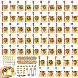 1.5 oz Mini Honey Jars - 60 Pack Hexagon Glass Jars with Wood Dippers, Gold Lids, Bee Pendants, Jutes, Stickers,Tags for Wedding Favors, Party Favors, Candle Making
