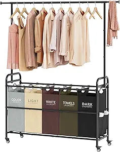 Tajsoon Laundry Sorter Cart with Hanging Rack, 5 Section Laundry Hamper, 246L (65 Gal.) Laundry Basket with Wheels, Removable Hamper Organizer for Dirty Clothes Bathroom Cloakroom, 5 Colors