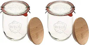 Weck Jars - 33.8 fl. oz Weck Tulip Jars 1 Liter - Sour Dough Starter Jars - Large Glass Jars for Sourdough Suitable for Canning and Storage - (2 Jars, Glass Lids & Wooden Lids)