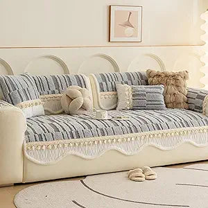 Non-Slip Plush Sofa Cover, Ultra-Soft Faux Fur Couch Protector for Pets, Machine Washable Furniture Slipcover with Tassel Trim (Mist Grey, 36" x 82" (Large 3-Seater))