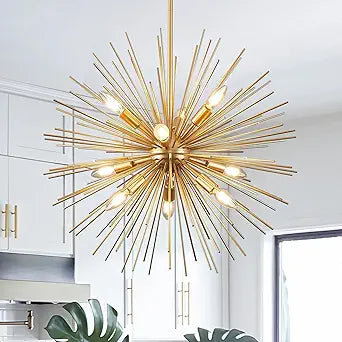 24in Gold Sputnik Chandelier 9-Light Starburst Chandelier Light Fixture Solid Metal Mid-Century Modern Satellite Light Fixture for Dining Room Bedroom Bathroom Entryway Kitchen Island