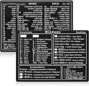 2 Pcs Laptop Shortcuts Stickers, Word/Excel Quick Reference Guide Keyboard Shortcut Stickers Notebook PVC Keyboard Shortcuts Lable Stickers for Any PC Laptop or Desktop(Black)
