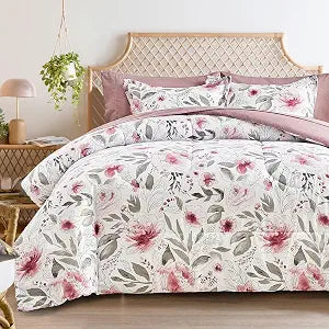 Flysheep Floral Bed in a Bag Queen Size 7 Pieces, Blush Pink and Grey Elegant Flowers Comforter Bedding Set for Women (1 Comforter, 1 Flat Sheet, 1 Fitted Sheet, 2 Pillow Shams and 2 Pillowcases)