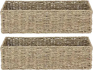 [2-Pack] Seagrass Storage Baskets, Rectangle Wicker Containers, Wicker Toilet Basket Tank Topper, Handwoven Natural Storage Baskets for Shelves, Bathroom, Bedroom (16" x 6.5" x 4.3")