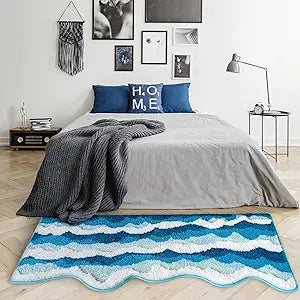 3D Ocean Wave Bedside Rug Blue 21x50 Inch, Soft and Absorbent Tufted Bathroom Runner Rug Non Slip Washable, Coastal Nautical Beach Decor for Bathroom Bedroom Indoor Mat