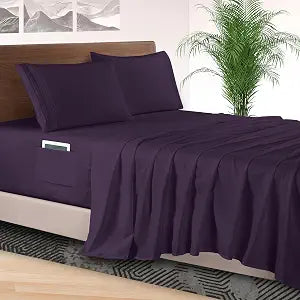Elegant Comfort 4-Piece Bed Sheet Set - Luxury Bedding 1500 Premium Hotel Quality Microfiber, All Around Elastic 18-24 Inches Deep Fitted Sheet- Extra Deep Pocket Sheets, Queen, Plum Purple