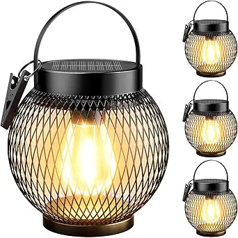 Solar Lantern Outdoor Waterproof, 4 Pack Upgraded Metal Bright Hanging Solar Lights with Clip, Solar Powered Hanging Lanterns for Outside Patio Porch Garden Decorative