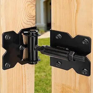 4pcs Self Closing Gate Hinges Heavy Duty Hardware for Wooden Fence Gates Vinyl, 90 Degree Adjustable Spring Gate Door Hinges Kit with Swing Adjuster Tool and Self-Tapping Screws, Black