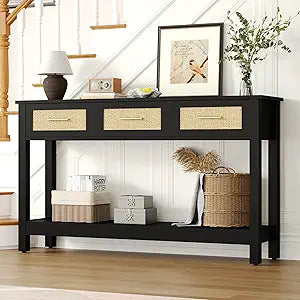 JASIWAY Black Rattan Console Table with 3 Drawer, Wood Entryway Sofa Table Behind Couch with Storage Narrow Modern Furniture for Living Room, Hallway, Foyer Decor
