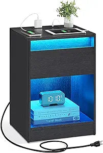 VASAGLE LED Nightstand with Charging Station, Adjustable Light Colors, 2 AC Outlets, 2 USB Ports, Bedside Table, Side Table with Drawer, Modern, 13.8 x 15.7 x 21.7 Inches, Ebony Black ULET618T21V1