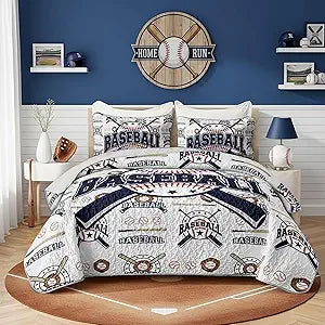 QOOMO Baseball Quilt Set Full/Queen Size,Sports Bedspread Coverlet Set,Sports Games 3Pcs Bedding Set Printed Quilt with 2 Pillowcases,Soft and Lightweight,for All Seasons