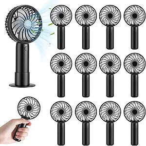 VZZNN 12 Mini Handheld Fan Bulk, Powerful 3 Speed Personal Portable Rechargeable Fans with Base, USB Small Desk Fan for Women, Eyelash, Makeup, Office, Travel, Beach, Indoor Outdoor (Black)