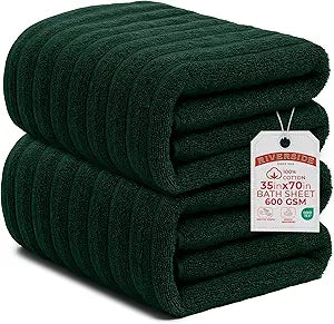 RIVERSIDE Pack of 2 Extra Large Bath Sheet Towels, 35 x 70 Inches, 600 GSM, Ribbed Stripe, 100% Cotton - Super Soft, Highly Absorbent & Quick Dry for Bathroom, Spa & Hotel, Hunter Green