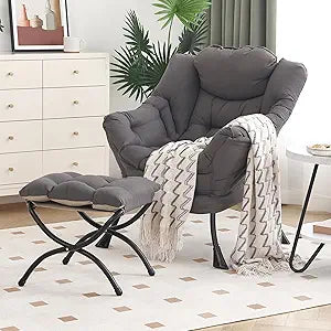 Furlide Lazy Chair with Ottoman, Modern Chair with Folding Footrest, Dark Grey Accent Chair, Comfortable Reading Chair, Oversized Armchairs for Bedroom, Study, Living Room, Courtyard