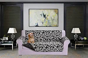 Elegant Comfort Quilted Furniture Protectors Solid and Printed Design Reversible Slipcovers Featuring Elastic Straps and Smart Pockets Great for Pets, Kids and More, Smart Leaf Sofa, Black