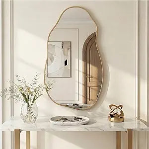 Asymmetrical Wall Mirror 36"x20", Large Irregular Wavy Mirror for Bathroom Vanity, Matte Gold Rust Proof Aluminum Frame, Tempered Glass Horizontal or Vertical Hanging for Living Room Decor