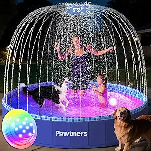 Pawtners 72'' Foldable Dog Pool for Large Dogs, 3 in 1 Portable Kids Swimming Splash Pool with Sprinkler & Light, Non-Slip Heavy Duty Hard Plastic Pet Bathing Tub for Outdoor Backyard