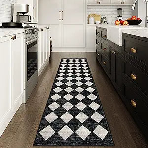 Lahome Zelie Checkered Washable Rug Runners for Hallways Non Slip,2x10 Black Kitchen Bathroom Runner Rug,Trellis Low Pile Indoor Carpet Runner for Bedroom Entryway Foyer(2'x10',Black)