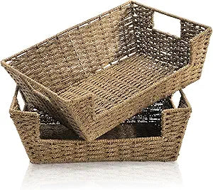 2 Pack Open Front Storage Baskets, Brown Paper Rope Woven Basket with Built-in Handles, 13''W x 10.6''D x 4.7''H Pantry Organzier Bins for Shelf, Bedroom, Living Room, Pantry
