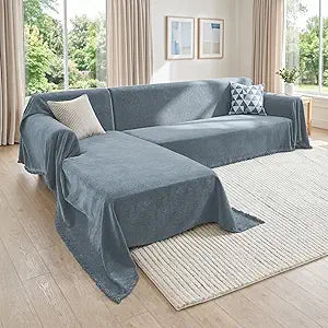 CAPALOCA Sectional Couch Covers, 2 Pieces Chenille Sofa Cover L Shaped Couch Cover Blanket for Dogs Washable Sofa Slipcovers Pet Furniture Protector (X-Large: 71" x 110" + 71" x 118", Blue)