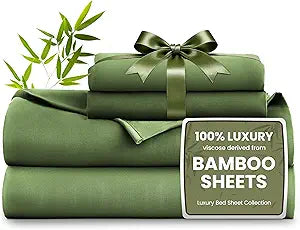 Love's cabin 4 Piece Queen Sheet Set, 100% Rayon Derived from Bamboo, Cooling & Breathable, Soft Silky Deep Pocket up to 16", Hotel Luxury Bedding for Hot Sleepers, Olive Green