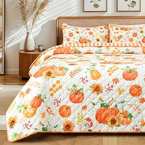 Yinhua 3 Pieces Fall Quilt King Size, Pumpkin Quilt Bedding Set with 2 Pillow Shams, Reversible Buffalo Plaid Quilts Sets Soft Lightweight Thanksgiving Day Bedspread Coverlet, 96"x106", Orange