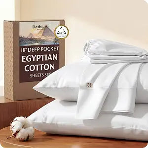 Bedsure 100% Giza CEA Certified Egyptian Cotton Sheets - 18" Deep Pocket King Size Hotel Sheets with 4 Corner Straps, PureWoven All-Season Breathable Comfort, Softens After Wash, Thick & Sturdy(White)