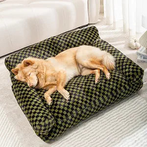 Faux Fur Cat & Dog Sofa Cat Couch Mini Cat Bed Indoor Human Style Pet Sofa, Modern Pet Furniture for Cats, Washable  Removable Cover, for Cats and Small Medium Dogs (Black/Green, X-Large(36X27 inch))