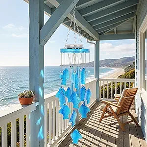 28.5" Blue Fish Stained Glass Solar Wind Chime  Handcrafted Outdoor Hanging Ornament with Solar-Powered Glowing Fish, Melodic Glass Chimes for Garden, Patio, Yard  Unique Gift for Women Mom