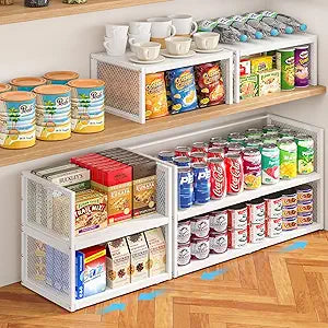 2 Pack Pantry Expandable Storage Shelf, Stackable Pantry and Kitchen Organizer, Counter Cabinet Storage Shelves Organizers, Stackable Metal Storage Bins Open Front for Spice Can Plate Mug Cups, White