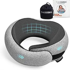 The Cozeo Travel Neck Pillow, 100% Pure Memory Foam Airplane Neck Pillow with Eye Mask & Earplug, Ideal for Long Flight, Car Road Trip Essentials & Sleeping | Suitable for Adults & Kids - Gray