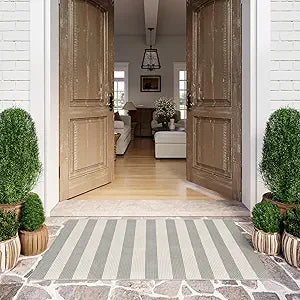 Grey and White Striped Rug-3x5 Front Door Mat Outdoor,Washable Reversible Porch Rug Cotton Hand-Woven Spring Doormat, Foldable Layered Door Mats for Entryway/Farmhouse
