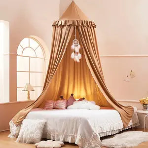 Akiky Kids Bed Canopy for Crib & Twin Size with Ruffles Dreamcatcher, Boys Princess Girls Nursery Room Decor Toddler Baby Dome Round Hanging Tent Curtains Skirt Over Bed Reading Nook Play Nougat