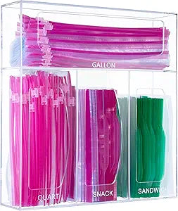 Acrylic Bag Storage Organizer for Kitchen Drawer, Food Storage Bag Organizer Holder Compatible with Ziplock, Glad, Hefty, Gallon, Quart, Sandwich & Snack Variety Size Bag (Clear)