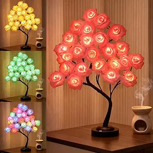 Artificial Lighted Rose Tree Lamp, 24 LED Multicolor Rose Table Lamp, Red