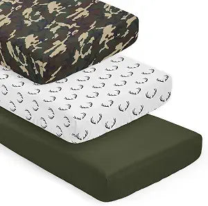 Sweet Jojo Designs 3-Piece Baby Crib Sheets Set (Woodland Camo Deer) for Boys, Infant Nursery, Toddler Room - Fitted, Standard Size (Solid Green, White/Black Antler & Forest, Rustic Beige/Black Plaid)