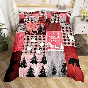 Manfei Adventure Duvet Cover Set Twin Size, Deer Bear Trees Red Lattice Patchwork Bedding Set 2pcs for Kids Girls, Rustic Cabin Comforter Cover Wild Animal Quilt Cover with 1 Pillowcase,No Comforter