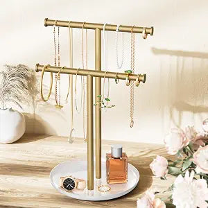 Gold Necklace Rack Stand with Storage Tray, T-Shaped Jewelry Holder Stand.