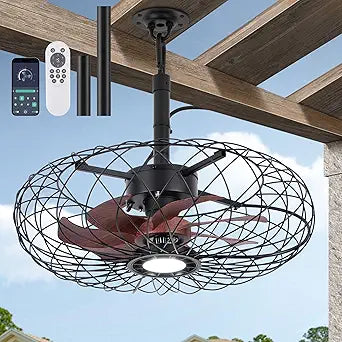 Miuyhji Black Outdoor Ceiling Fans with LED Light, 20" Waterproof Gazebo Fan Plug in Caged Industrial Fandelier Ceiling Fan with Remote, 6 Speeds Adjustable Height Fan for Bedroom Living Room Pergola