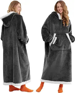 Giggling Getup Wearable Blanket Hoodie for Women Men Gifts for Women Mom Sherpa Fleece Long Hooded Blanket Sweatshirt Cozy Sherpa Wearable Throw with Pocket & Sleeves for Adult Oversize Dark Grey