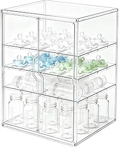 Baby Bottle Organizer, 4-Tier Large Capacity Bottle Storage for Countertop with Double Magnetic Doors, Clear Bottle Station Organizer with 3 Adjustable Dividers for Baby Pacifiers, Pump Parts
