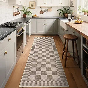 GarveeHome 28 Kitchen Runner Rug Non Slip,Brown Checkered Rug,Washable Runner Rug for Hallway Soft Low-Pile Geometric Checkerboard Rugs for Entryway Kitchen Dining Room