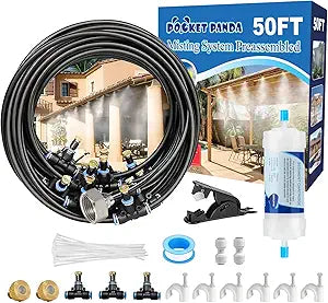 POCKET PANDA Pre-Assembled Misters for Outside Patio,Outdoor Misting Cooling System w Filter,50FT|15M.Backyard Mist Kit for Garden,Greenhouse,Deck,Umbrella,Canopy,Pool,Porch,Trampoline,Park.