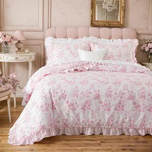 Brandream Floral Duvet Cover Set Bedding with Ruffled Edge, Grandmillennial Vintage Botanical Toile Floral Print in Pink, Peony & Rose Style, 100% Cotton Soft Breathable, Queen Size
