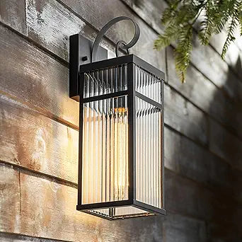 Outdoor Wall Lights, 16 inch Black Wall Sconce, Modern Exterior Lighting Fixture, Porch Lantern Wall Mount with Striped Glass for Patio, House,1 Pack
