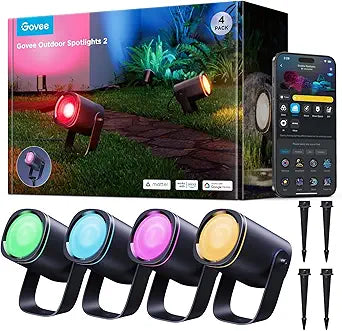 Govee Outdoor Spot Lights 2, IP67 Waterproof Spotlights, Landscape Lights Work with Matter, Alexa, and Google Assistant, RGBWIC Color Changing Light for Outdoor Decor, Patio Decorations, 4 Pack