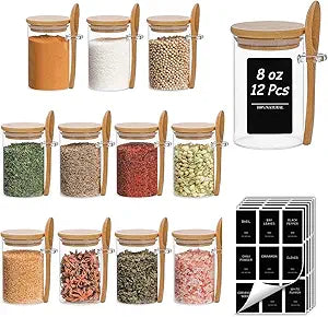 ComSaf 12 Pcs Glass Spice Jars and Spoons, 8oz Glass Containers with Bamboo Lids, Storage Containers with Airtight Lids with Black Labels for Seasonings, Salt, Loose Leaf Tea Storage