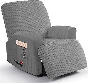3 Pieces Stretch Oversized Recliner Chair Covers - Striped Pattern Slipcovers & Durable Furniture Protectors for Kids and Pets (1 XL Seater, Light Gray)