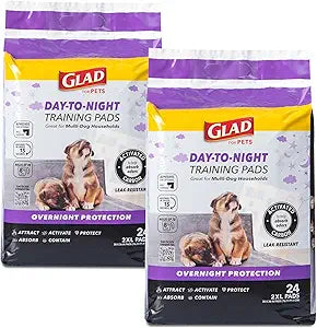Glad for Pets Day to Night Activated Carbon Puppy Training Pads Odor Control Disposable Dog Pads Adhesive Wall Protection Leak Proof Super Absorbent 30 x 36 Inch 24 Count 2 Pack Indoor Training